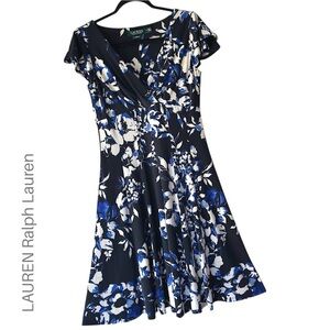RALPH LAUREN | NWOT NAVY BLUE & WHITE FLORAL FAUX WRAP DRESS FLUTTER SLEEVE | 6